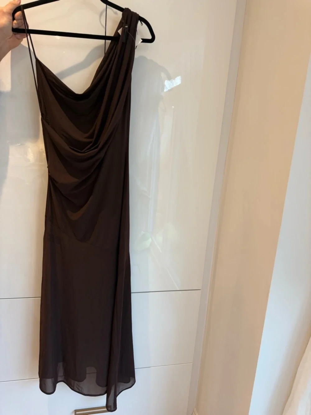 ZARA Chocolate Brown Asymmetrical Draped Strap Maxi Dress w/ Built-In Bodysuit - Picture 9 of 11